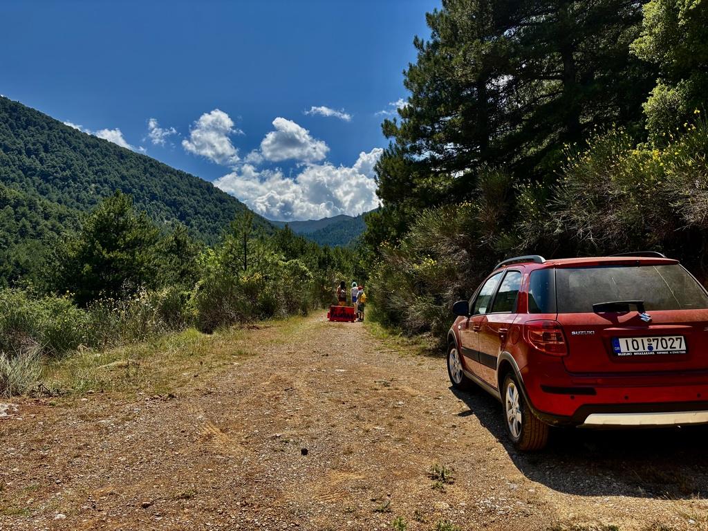 Our car parked at the end of the dirt road, where the footpath starts.